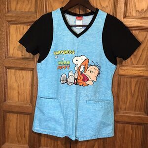 Peanuts Scrub Top Charley Snoopy Dog XS V-Neck Medical Vet Black Teal 2 Pockets